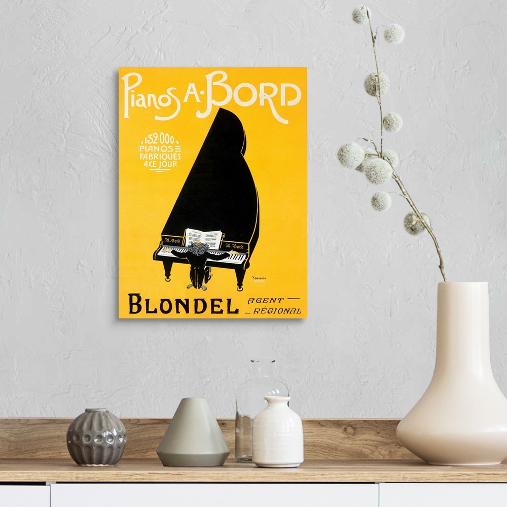 A farmhouse room featuring This vertical art work is an Art Nouveau poster advertising a piano player performing an enormous...