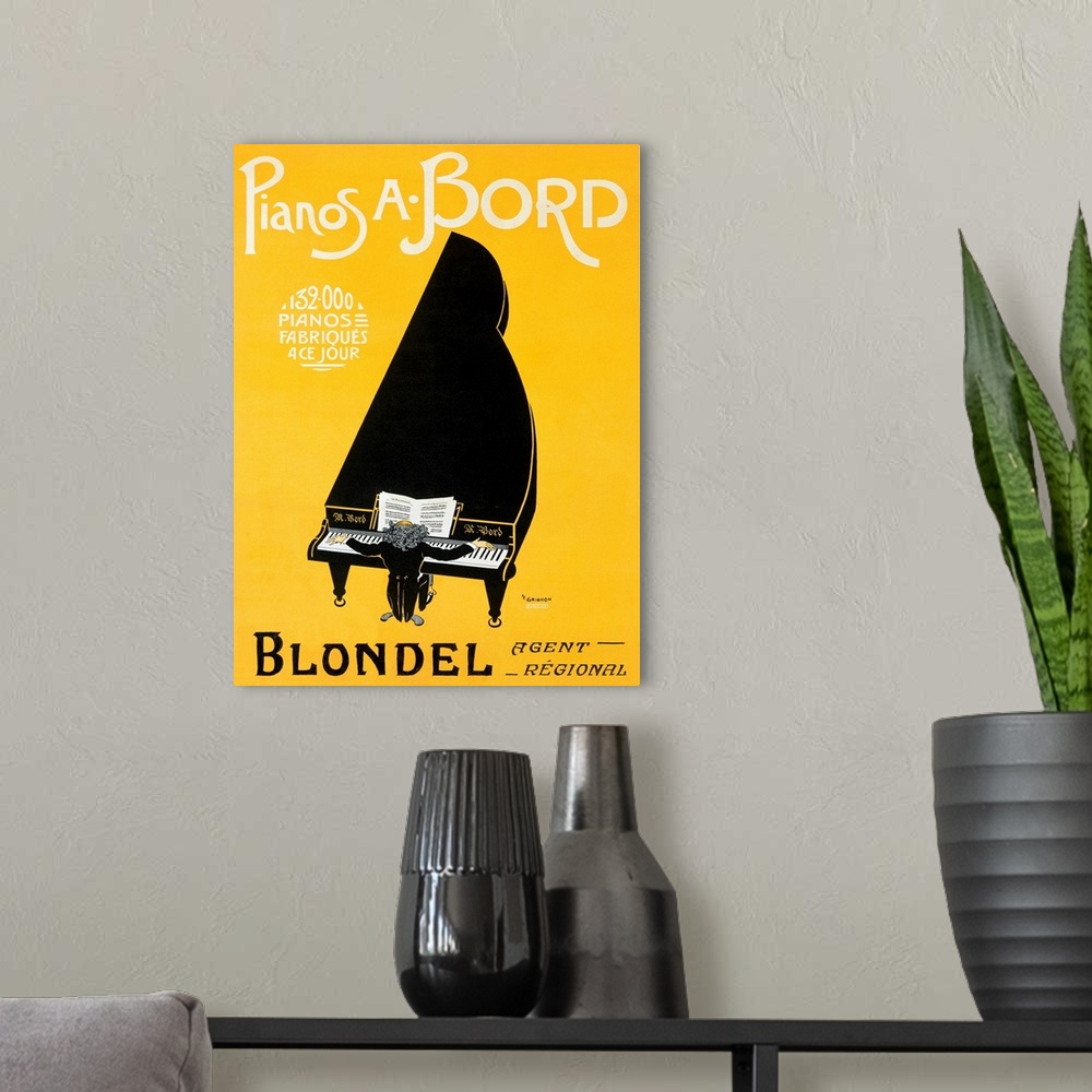 A modern room featuring This vertical art work is an Art Nouveau poster advertising a piano player performing an enormous...