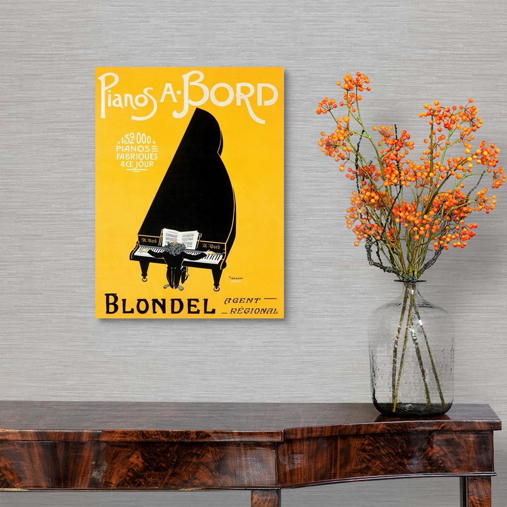 A traditional room featuring This vertical art work is an Art Nouveau poster advertising a piano player performing an enormous...