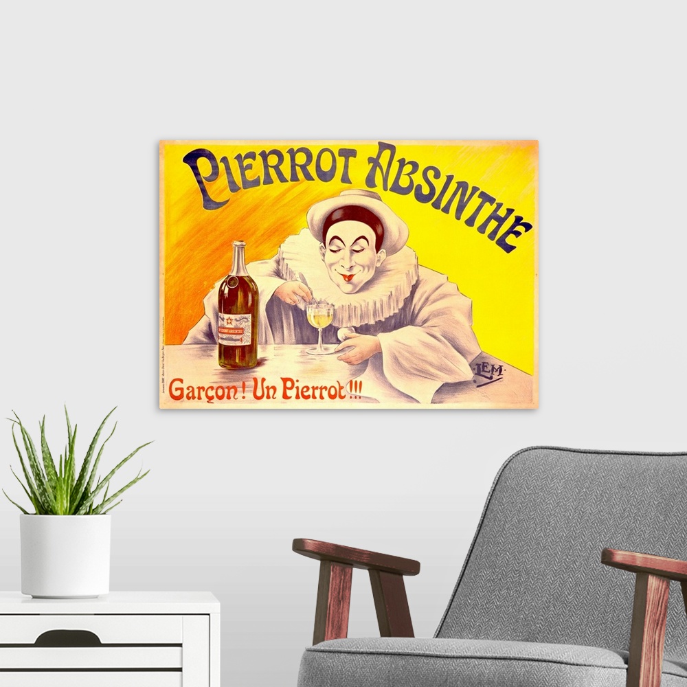 A modern room featuring Advertising poster for an alcoholic beverage, featuring a French clown in heavy white makeup and ...