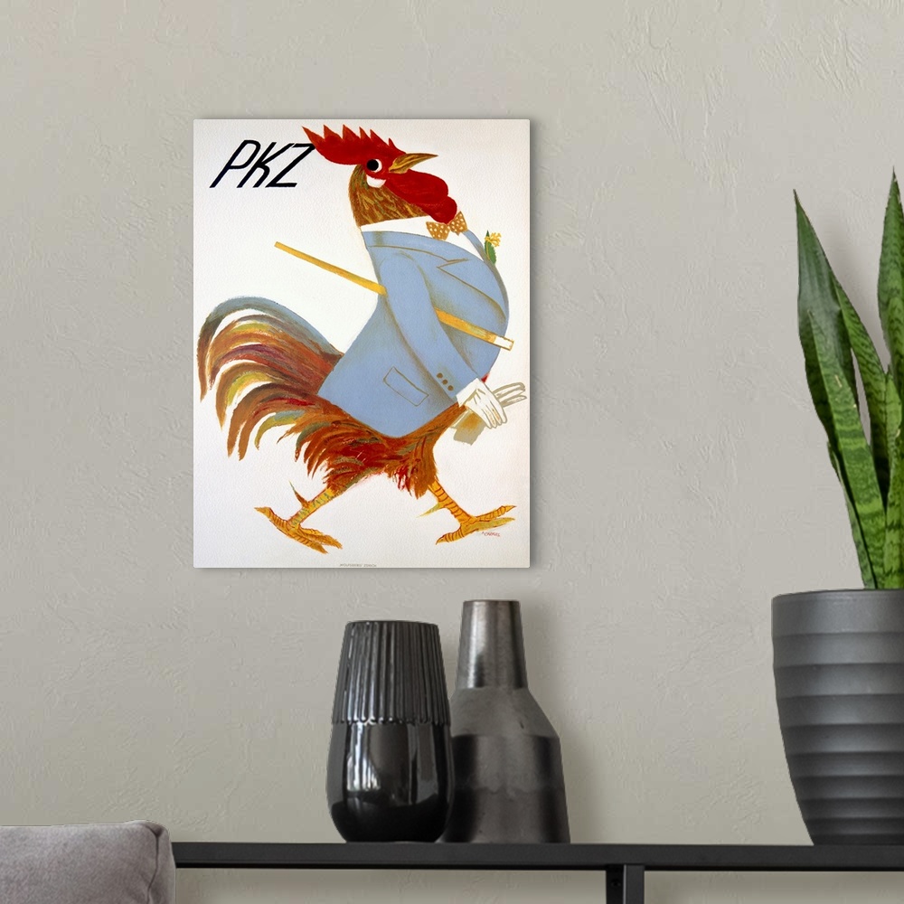 A modern room featuring Vintage advertising poster featuring a rooster wearing a dapper suit and gloves.