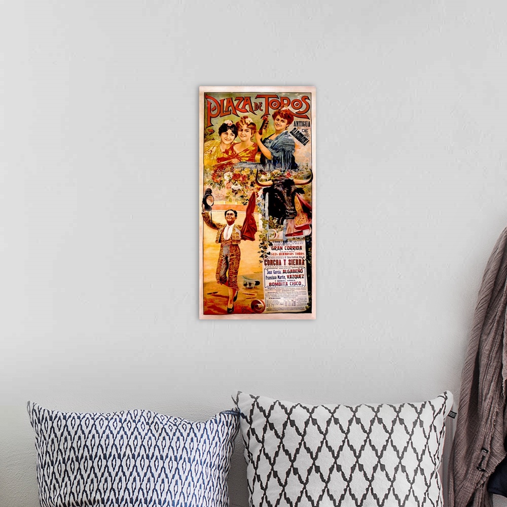 A bohemian room featuring Old poster advertising a bull fight.  Collage of images including a group of ladies, a garden of ...