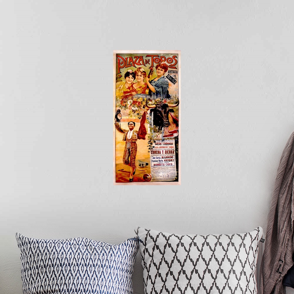A bohemian room featuring Old poster advertising a bull fight.  Collage of images including a group of ladies, a garden of ...