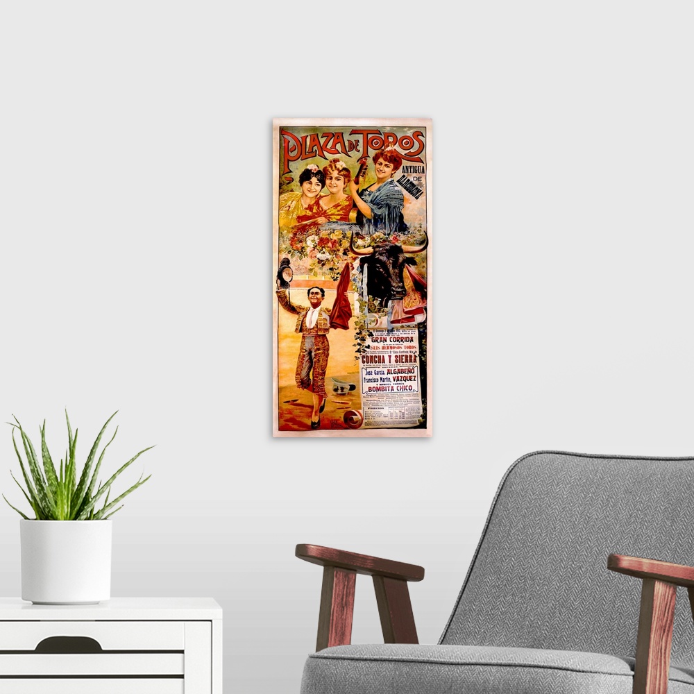 A modern room featuring Old poster advertising a bull fight.  Collage of images including a group of ladies, a garden of ...