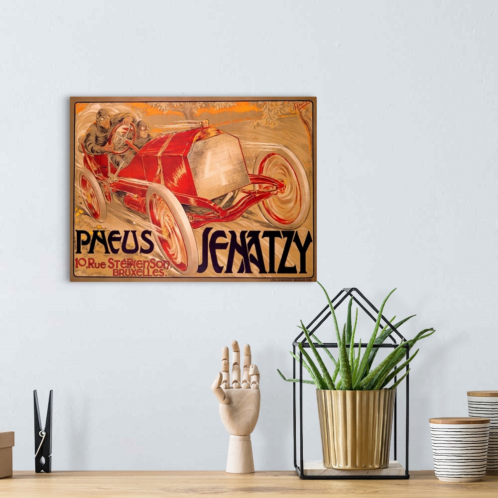 A bohemian room featuring Old poster advertising face.  There is a vintage car with two races speeding down a trail with th...