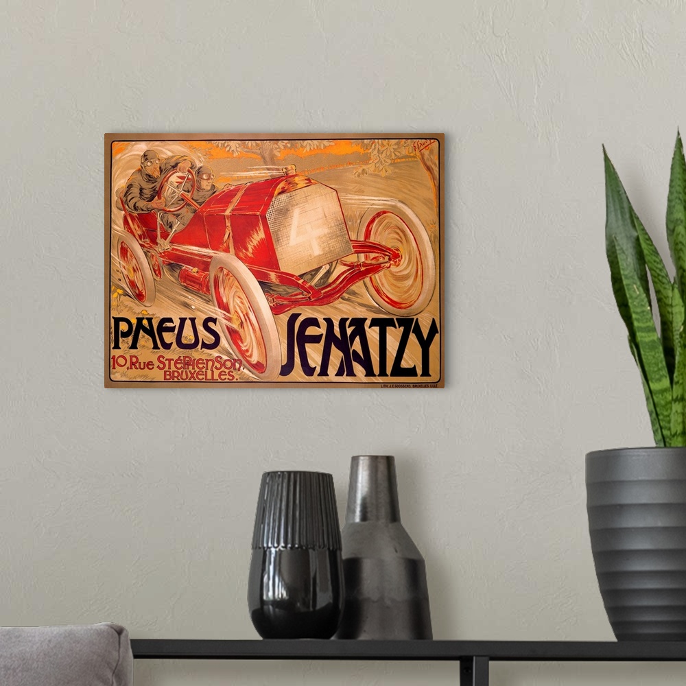A modern room featuring Old poster advertising face.  There is a vintage car with two races speeding down a trail with th...