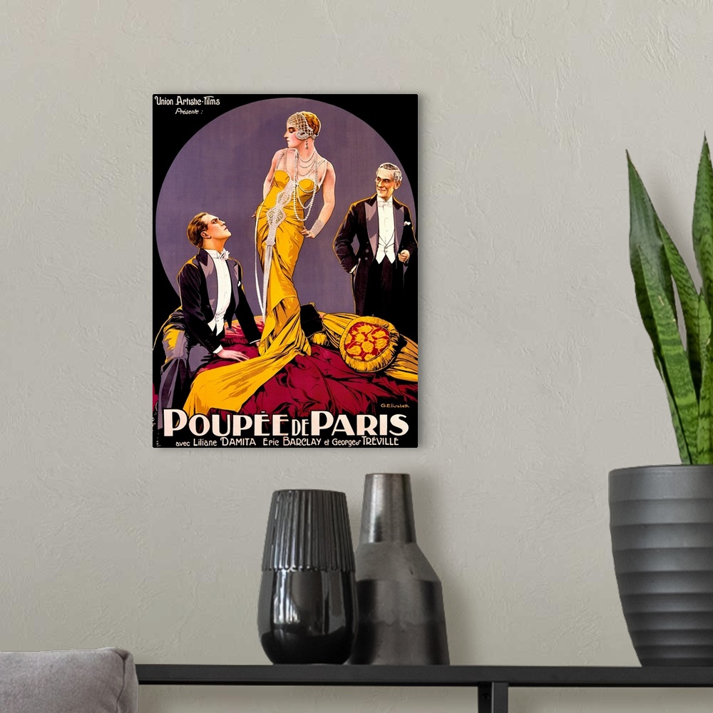 A modern room featuring A large vertical vintage poster with two men in tuxedos staring at a tall woman in the center wea...