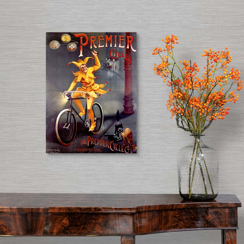 A traditional room featuring Big canvas painting of a jester riding a bike on a dark street looking at two cats that are about...
