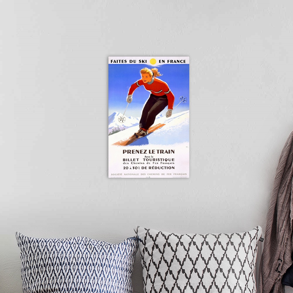 A bohemian room featuring Prenez Le Train, Downhill Snow Ski, Vintage Poster
