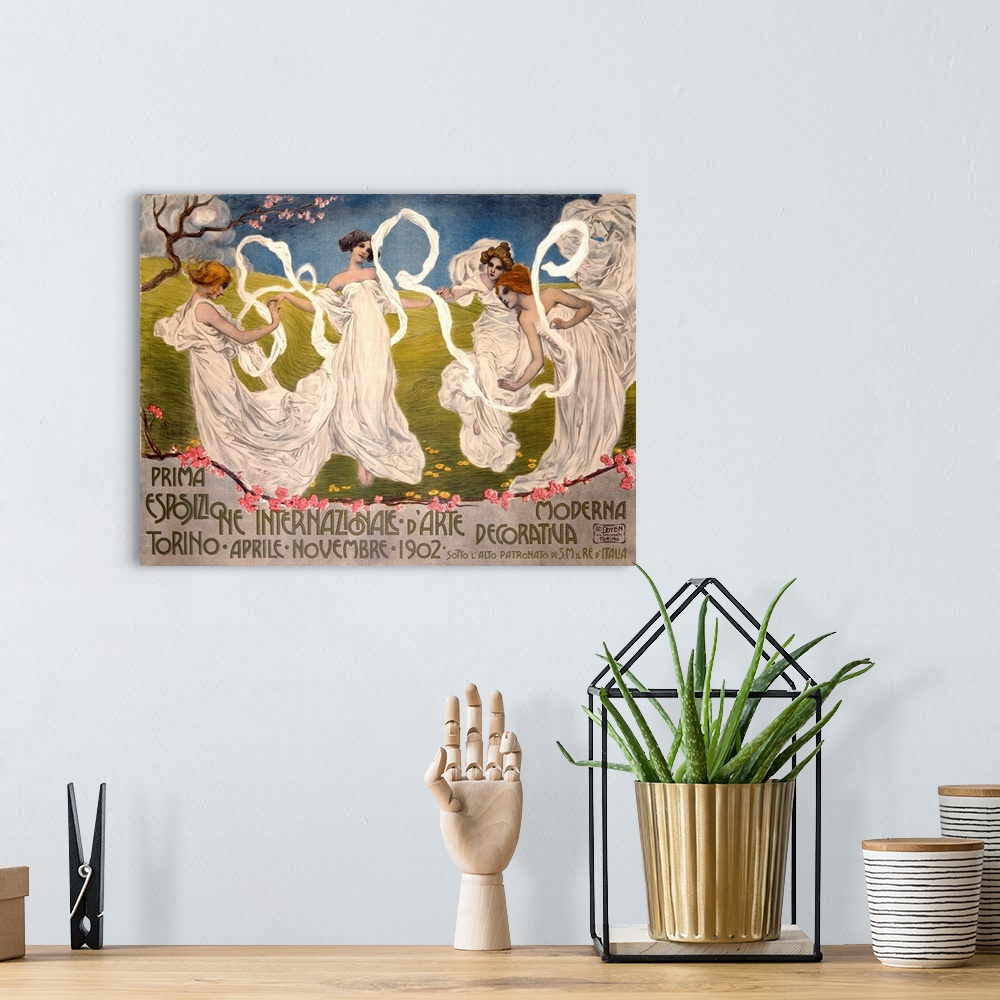 A bohemian room featuring Vintage poster of four woman in toga like dresses dancing in a Spring field.