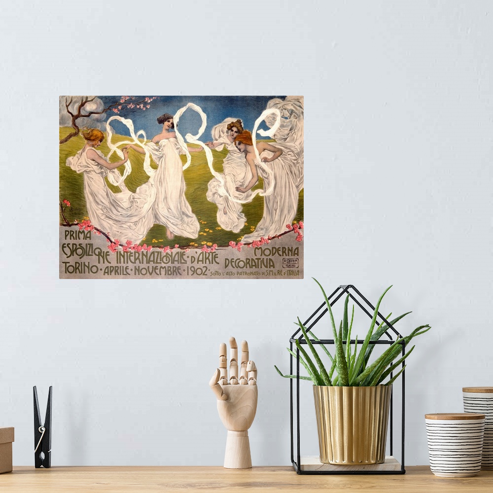 A bohemian room featuring Vintage poster of four woman in toga like dresses dancing in a Spring field.