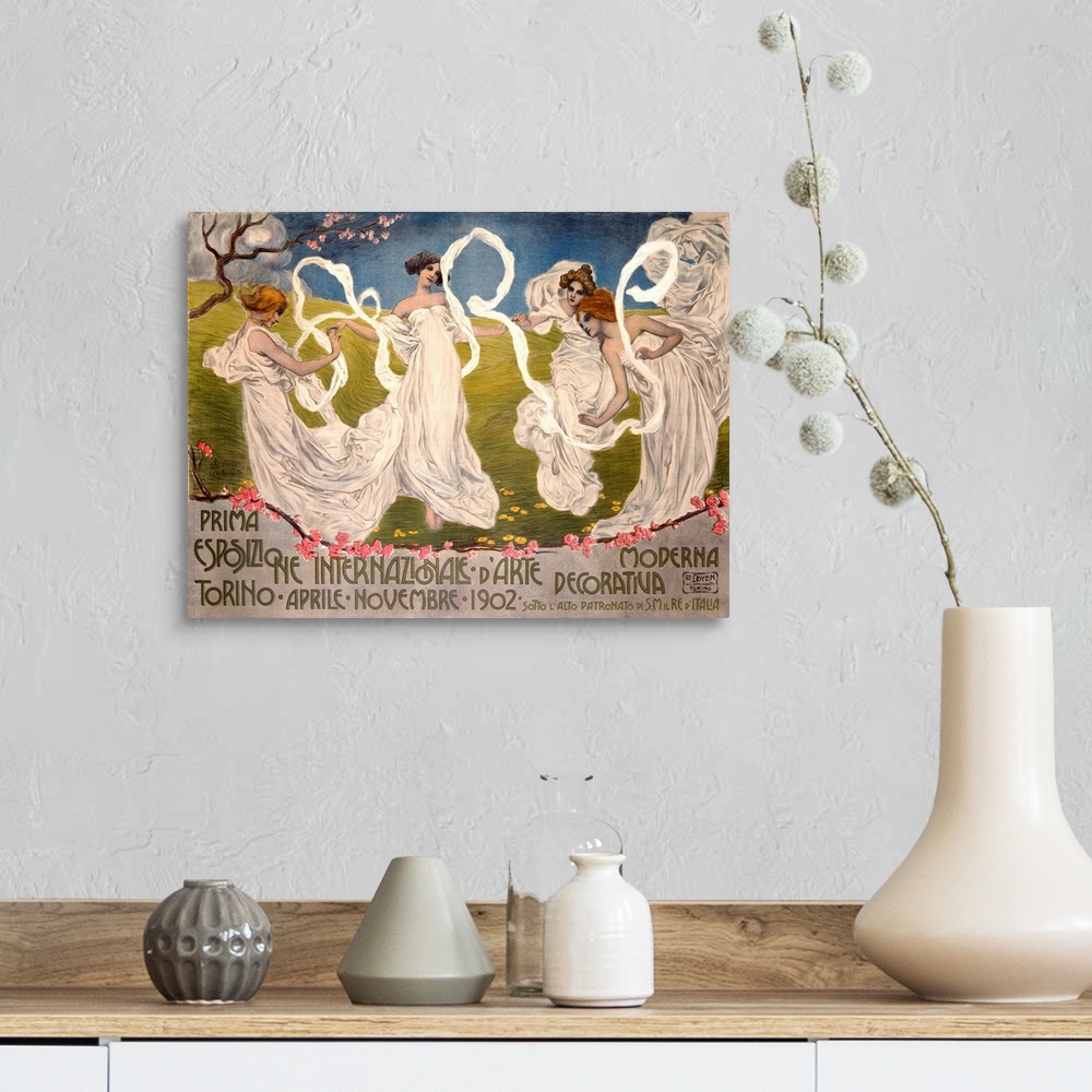 A farmhouse room featuring Vintage poster of four woman in toga like dresses dancing in a Spring field.