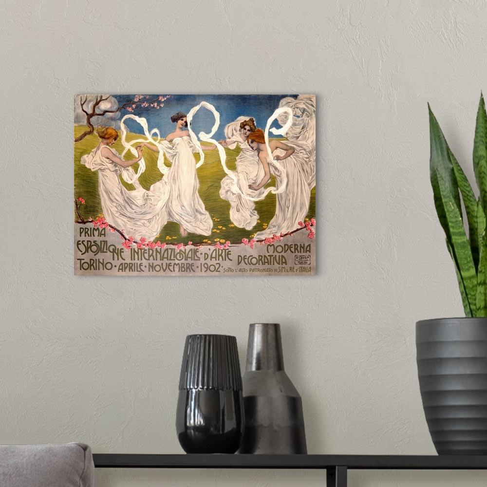 A modern room featuring Vintage poster of four woman in toga like dresses dancing in a Spring field.