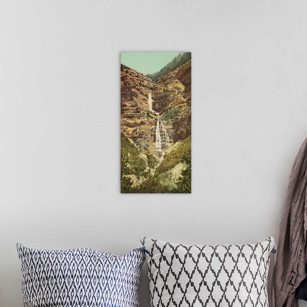 A bohemian room featuring Hand colored photograph of Provo falls, Utah.