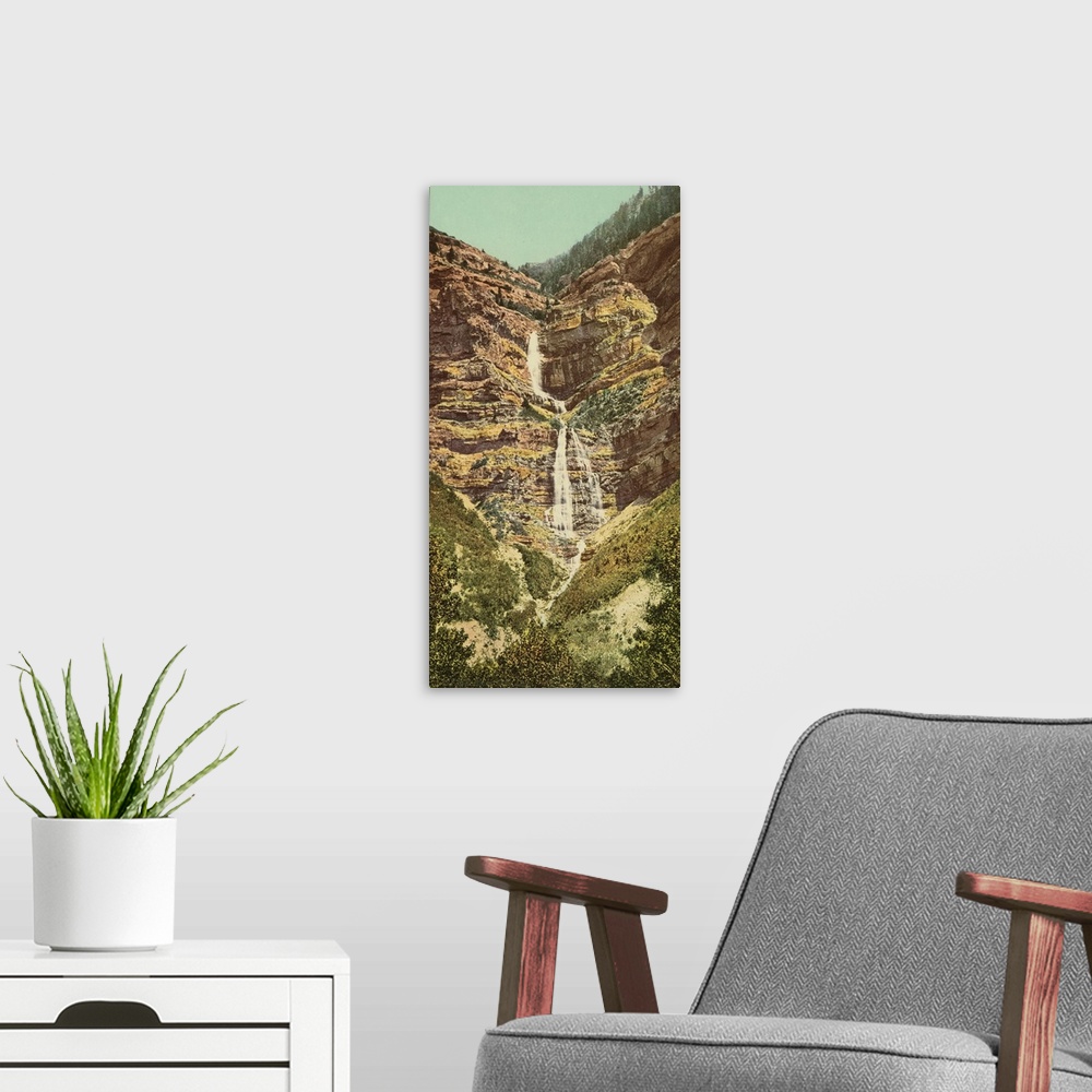 A modern room featuring Hand colored photograph of Provo falls, Utah.