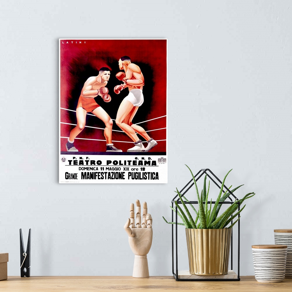 A bohemian room featuring Pugilistica, Boxing Match, Vintage Poster, by Latini