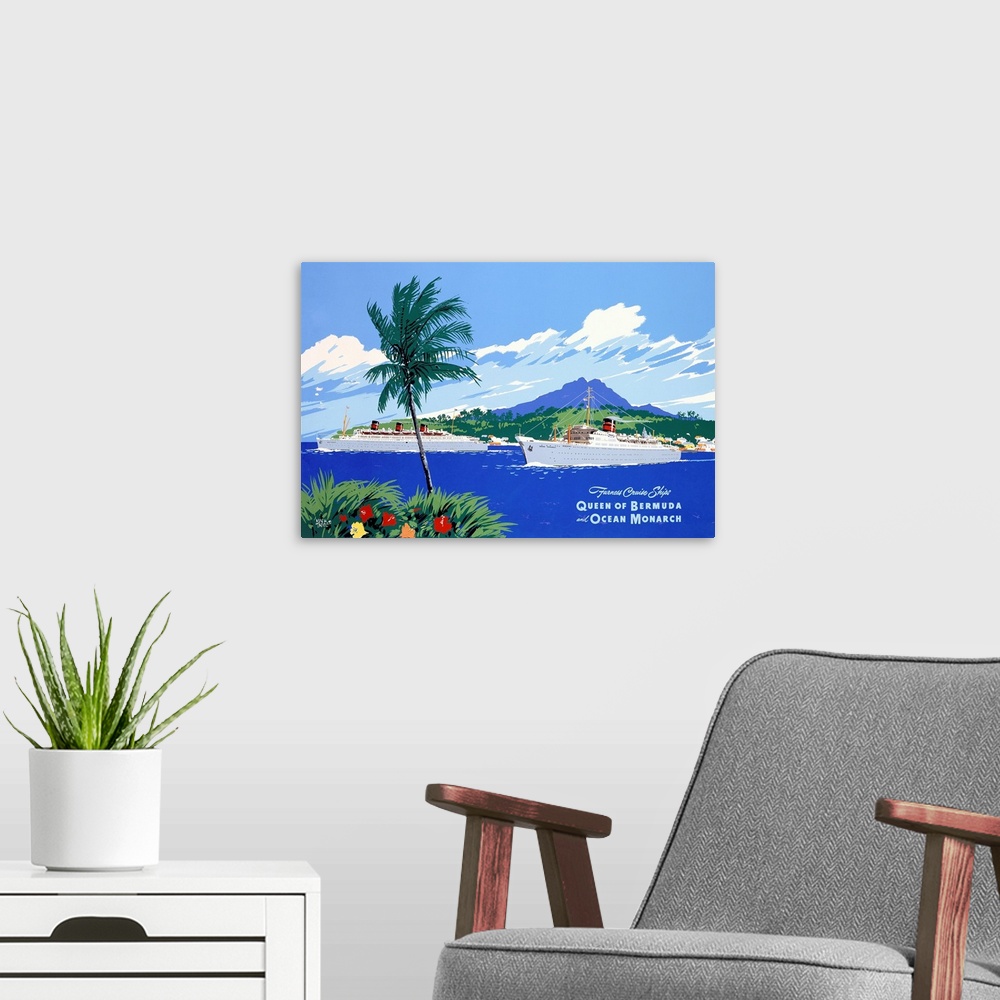 A modern room featuring Vintage artwork of two large passenger ships setting out to sea with a mountain and foliage in th...