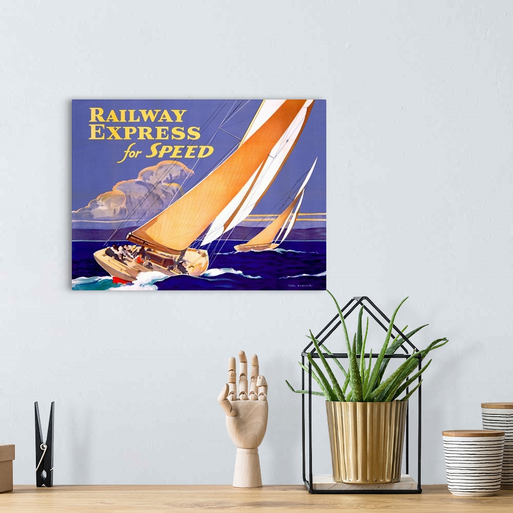 A bohemian room featuring Vintage propaganda poster drawn with two sailboats on the water.