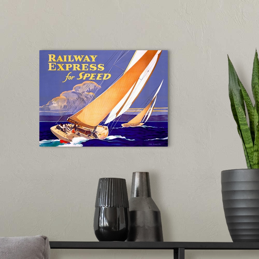 A modern room featuring Vintage propaganda poster drawn with two sailboats on the water.