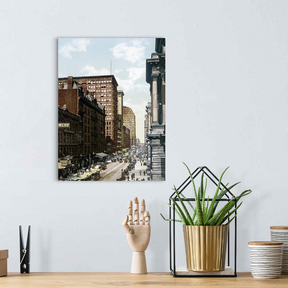 A bohemian room featuring Vintage photo on canvas of a street in Chicago with people and antique cars going up and down the...
