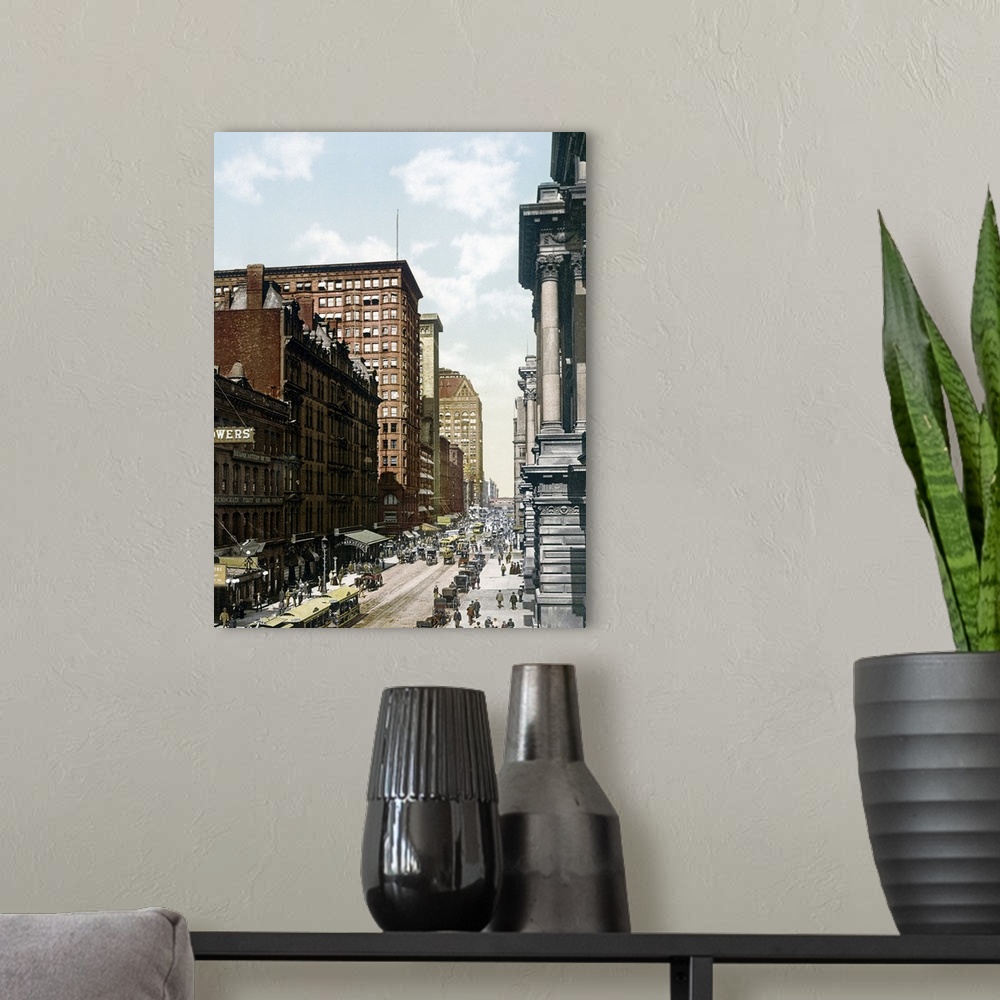 A modern room featuring Vintage photo on canvas of a street in Chicago with people and antique cars going up and down the...