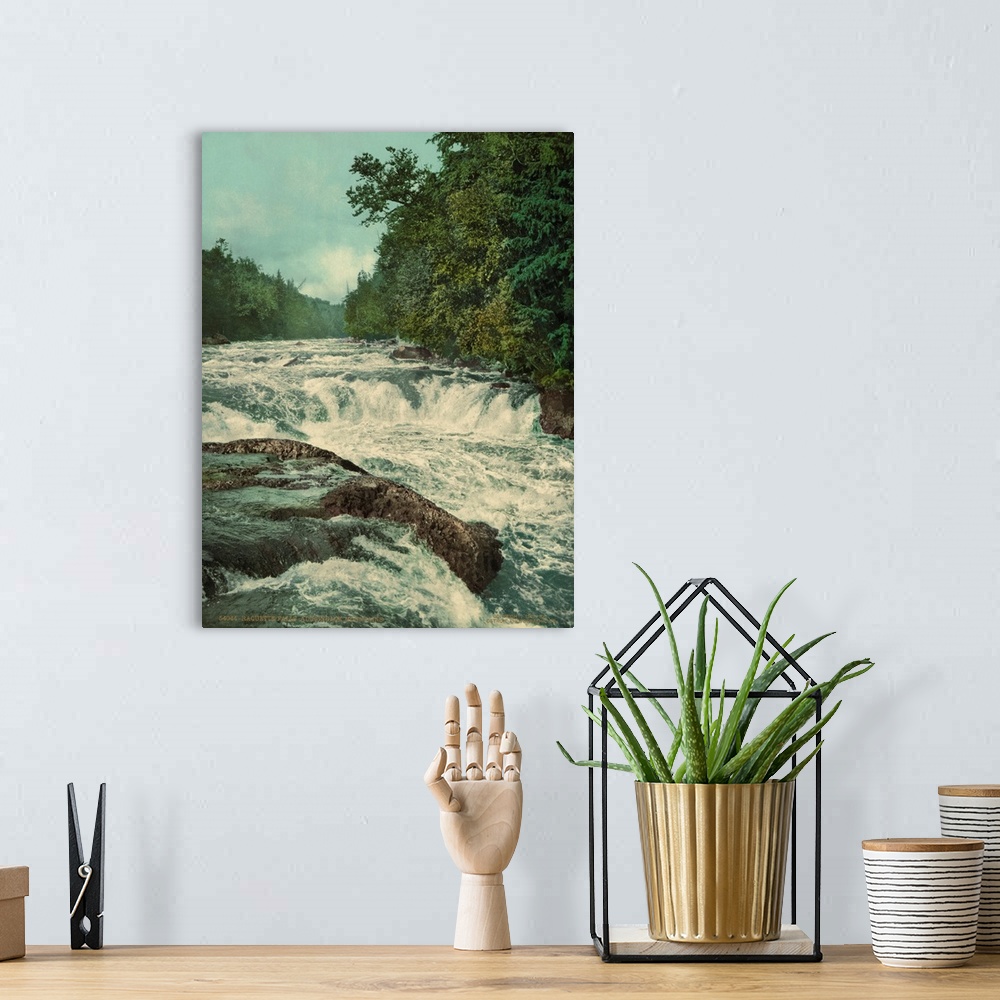 A bohemian room featuring Hand colored photograph of Raquette falls, Adirondack mountains.