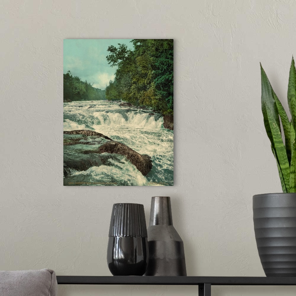 A modern room featuring Hand colored photograph of Raquette falls, Adirondack mountains.
