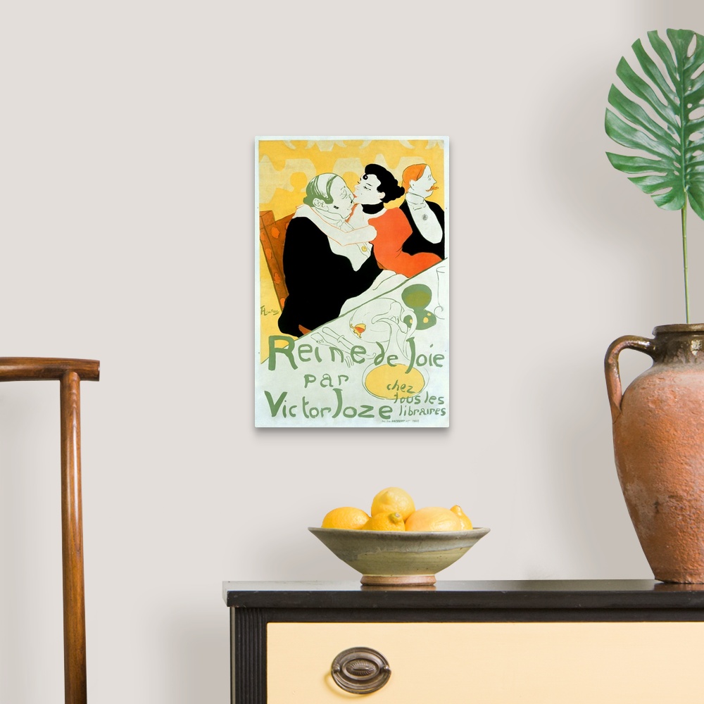 A traditional room featuring Old advertising poster with a couple kissing at a dinner table.  The artist is know for his spiri...
