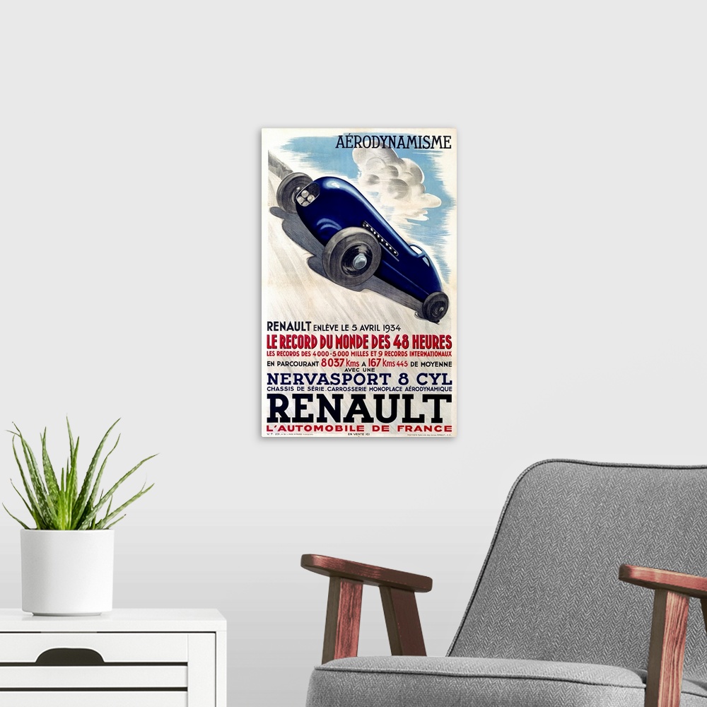 A modern room featuring Renault, Nervasport 8 Cyl, Automobile, Vintage Poster