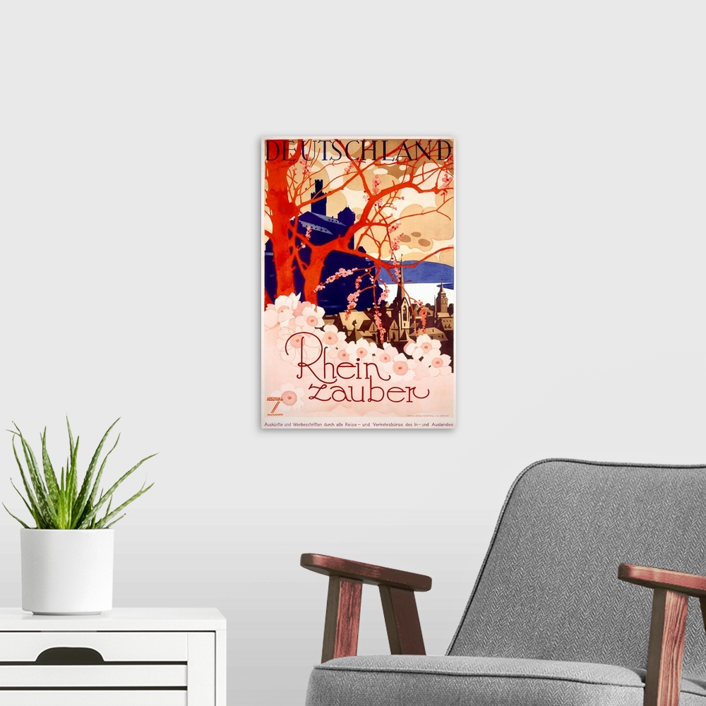 A modern room featuring Travel advertisement for Germany's river valley, done in a screen-printed style with an orange tr...