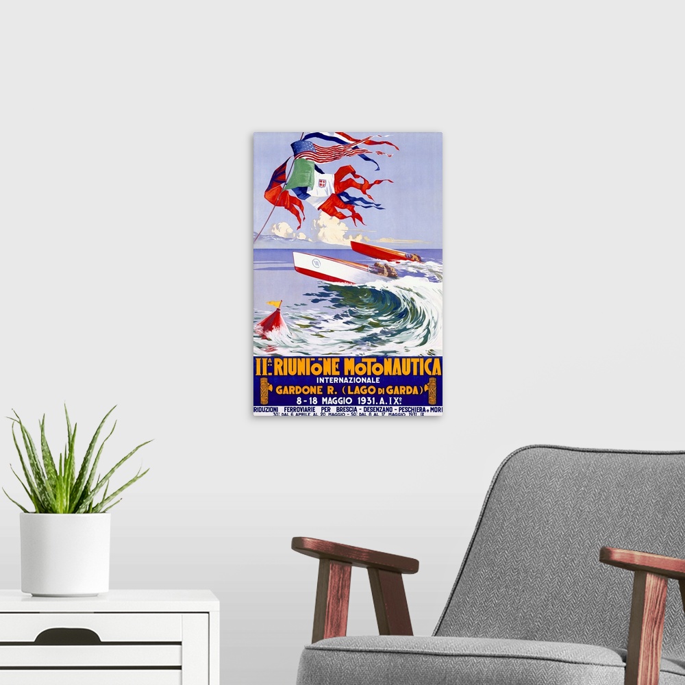 A modern room featuring Riunione Montonautica International Boat Race, Vintage Poster