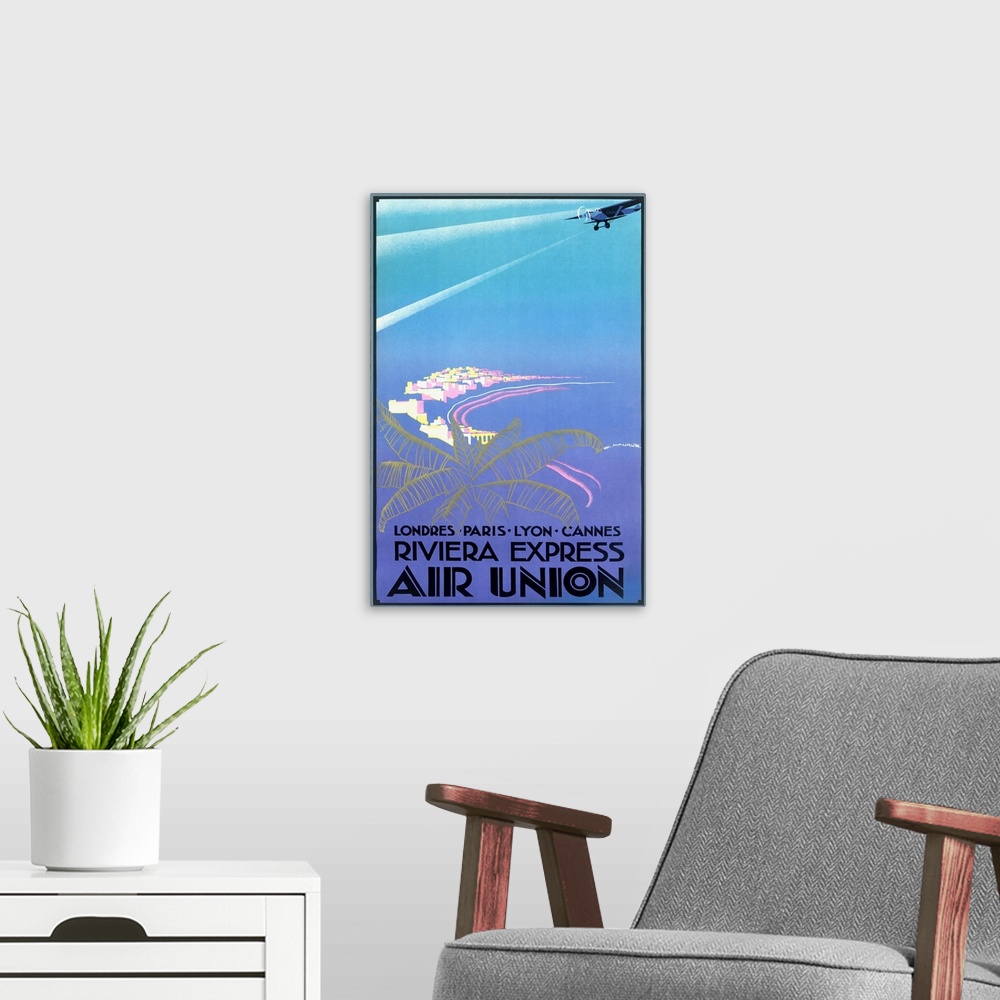 A modern room featuring Riviera Express Air Union, Vintage Poster