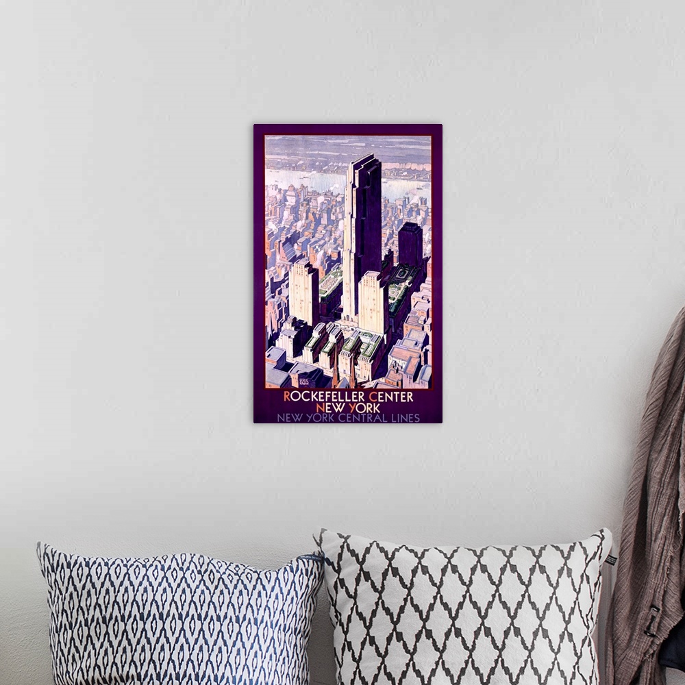 A bohemian room featuring Rockafeller Center New York, New York Central Lines, Vintage Poster