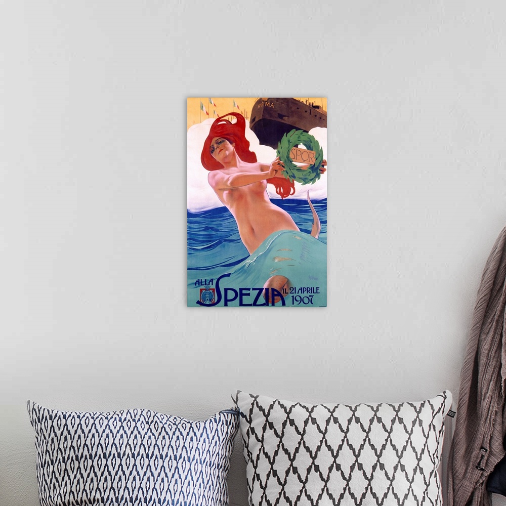 A bohemian room featuring Vintage poster of a partially nude woman standing in water with a ship just behind her and the wo...