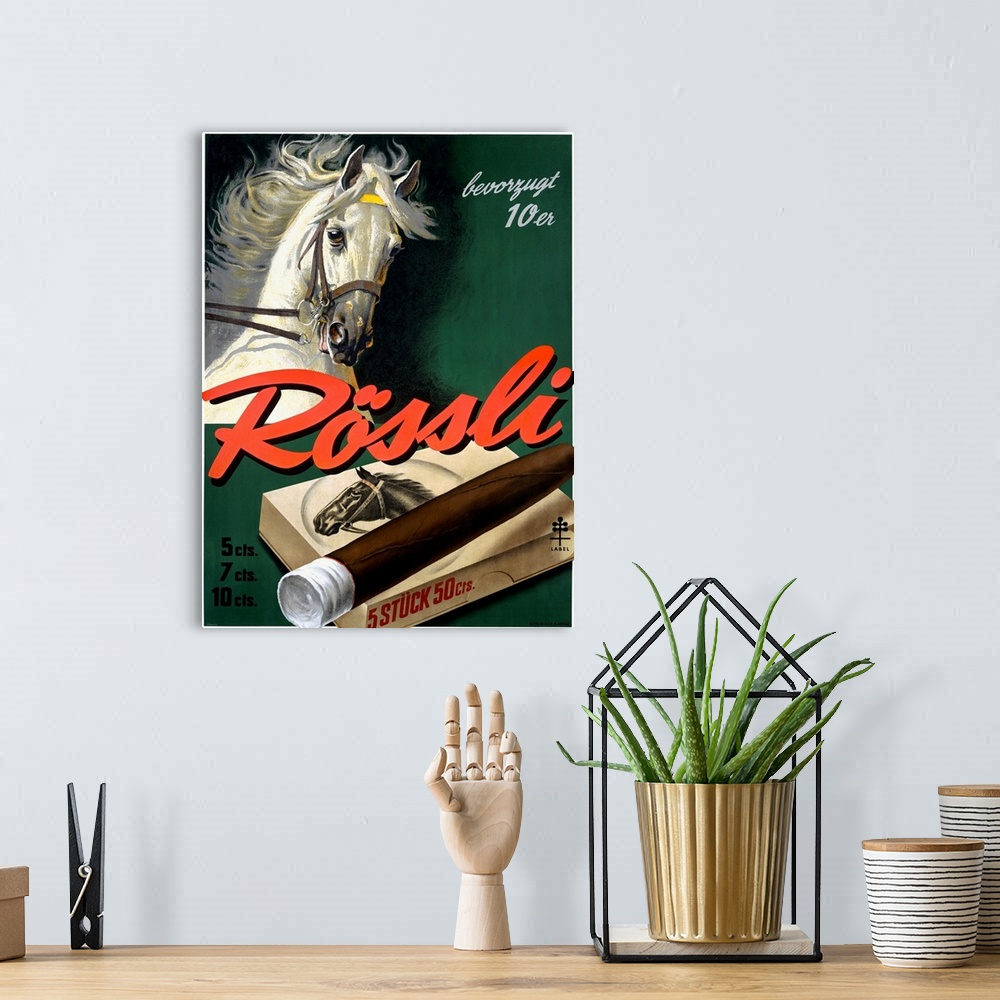 A bohemian room featuring Vintage advertisement for Rossli Cigars featuring a large white horse.