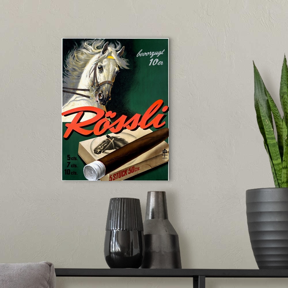 A modern room featuring Vintage advertisement for Rossli Cigars featuring a large white horse.