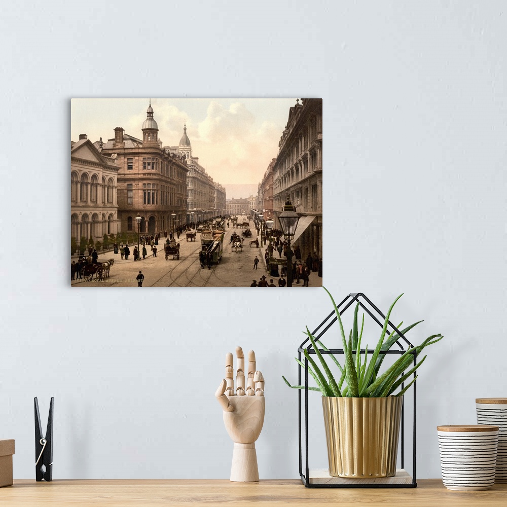 A bohemian room featuring Hand colored photograph of royal avenue, Belfast, country Antrim, Ireland.
