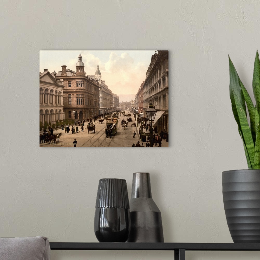 A modern room featuring Hand colored photograph of royal avenue, Belfast, country Antrim, Ireland.