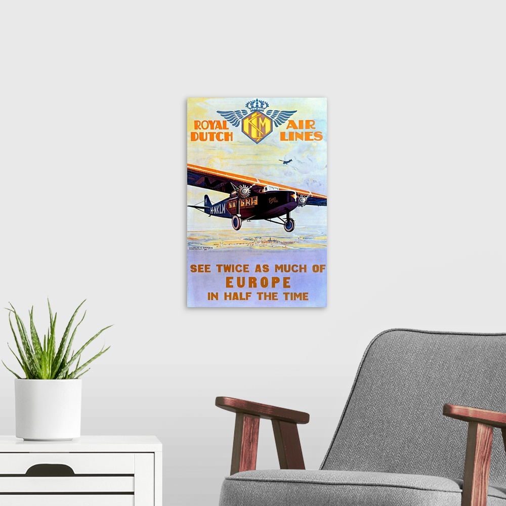 A modern room featuring Canvas wall art of an old advertisement for an airline company in Europe.