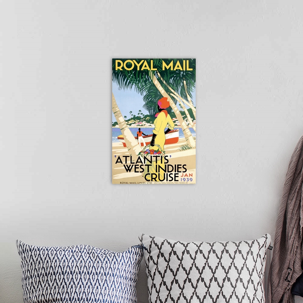 A bohemian room featuring Large, vertical vintage advertisement for Royal Mail, on the West Indies Cruise, Atlantis.  A wom...
