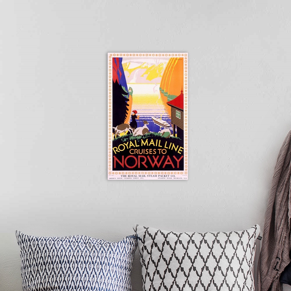 A bohemian room featuring Royal Mail Ocean Line, Norway, Vintage Poster, by Herrick