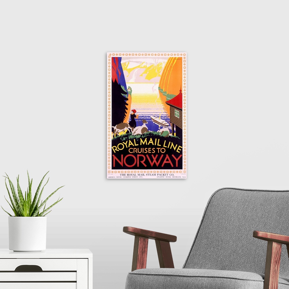 A modern room featuring Royal Mail Ocean Line, Norway, Vintage Poster, by Herrick