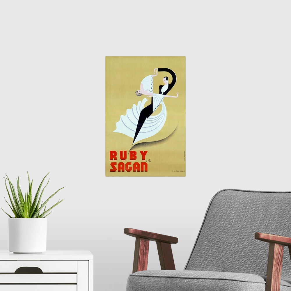 A modern room featuring An Art Deco style entertainment advertisement of a couple dancing in formal evening wear and bloc...