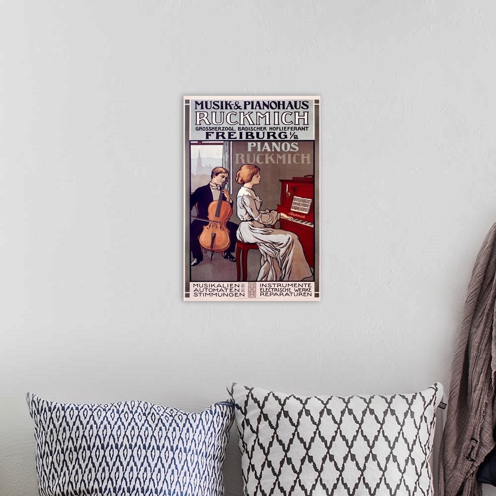 A bohemian room featuring Ruckmich Musik, Pianos, Vintage Poster