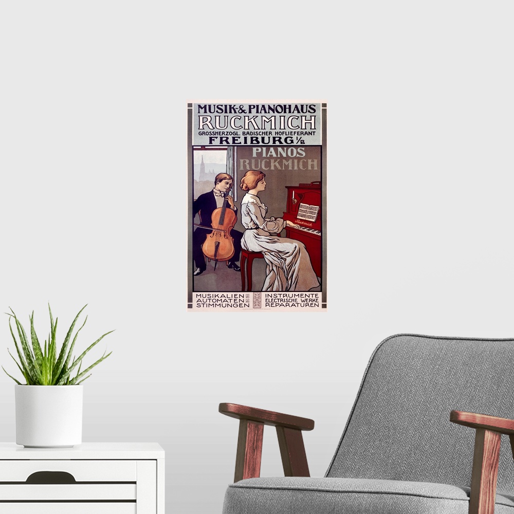 A modern room featuring Ruckmich Musik, Pianos, Vintage Poster