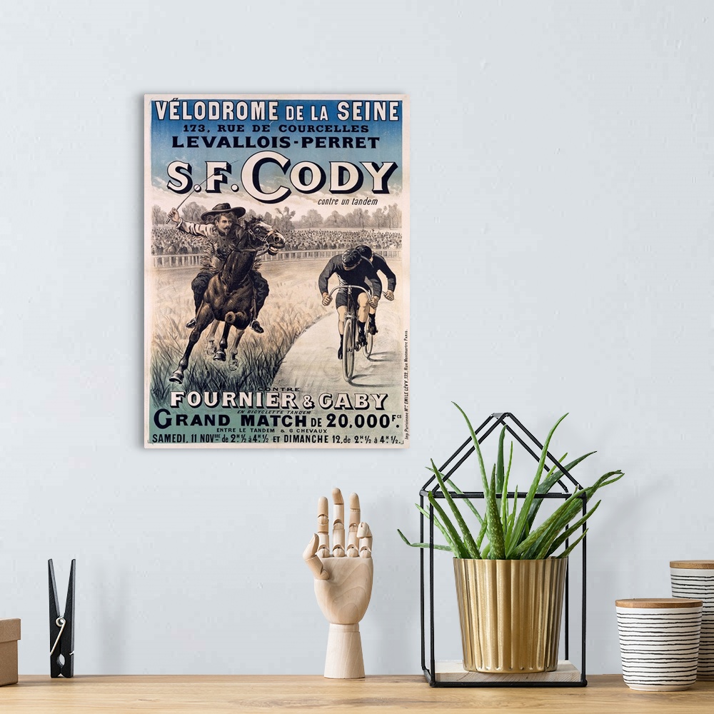 A bohemian room featuring S. F. Cody vs. Fournier & Gaby, Grand Match, Vintage Poster
