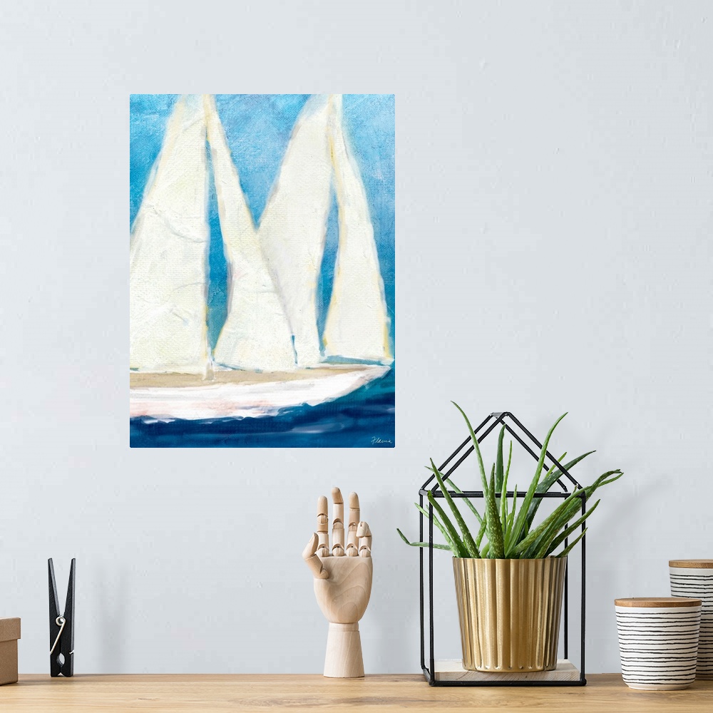 A bohemian room featuring Up-close painting of boat on ocean with huge sails.