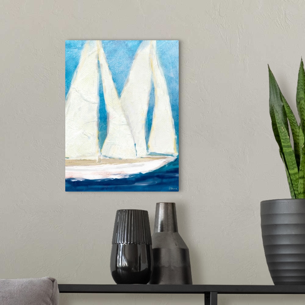 A modern room featuring Up-close painting of boat on ocean with huge sails.