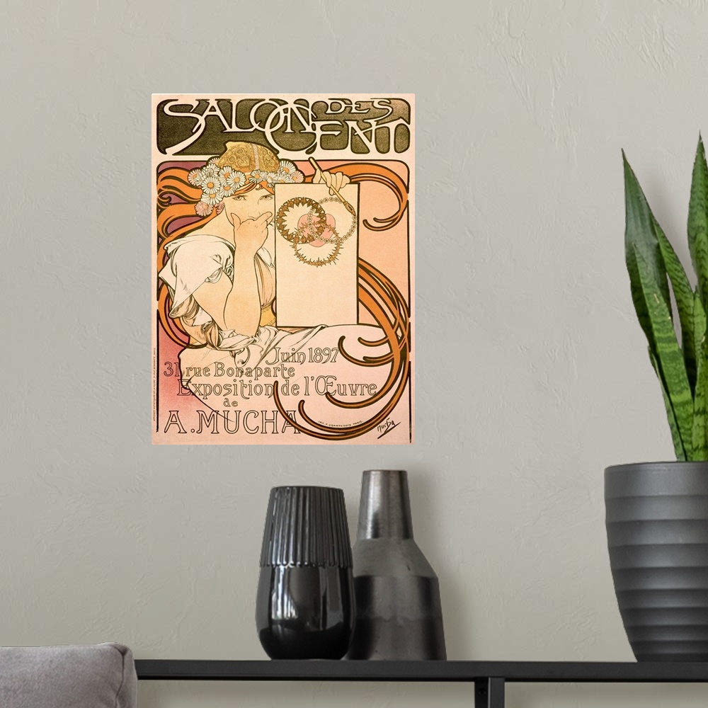 A modern room featuring Mucha Salon Des Cent Art Expo Poster