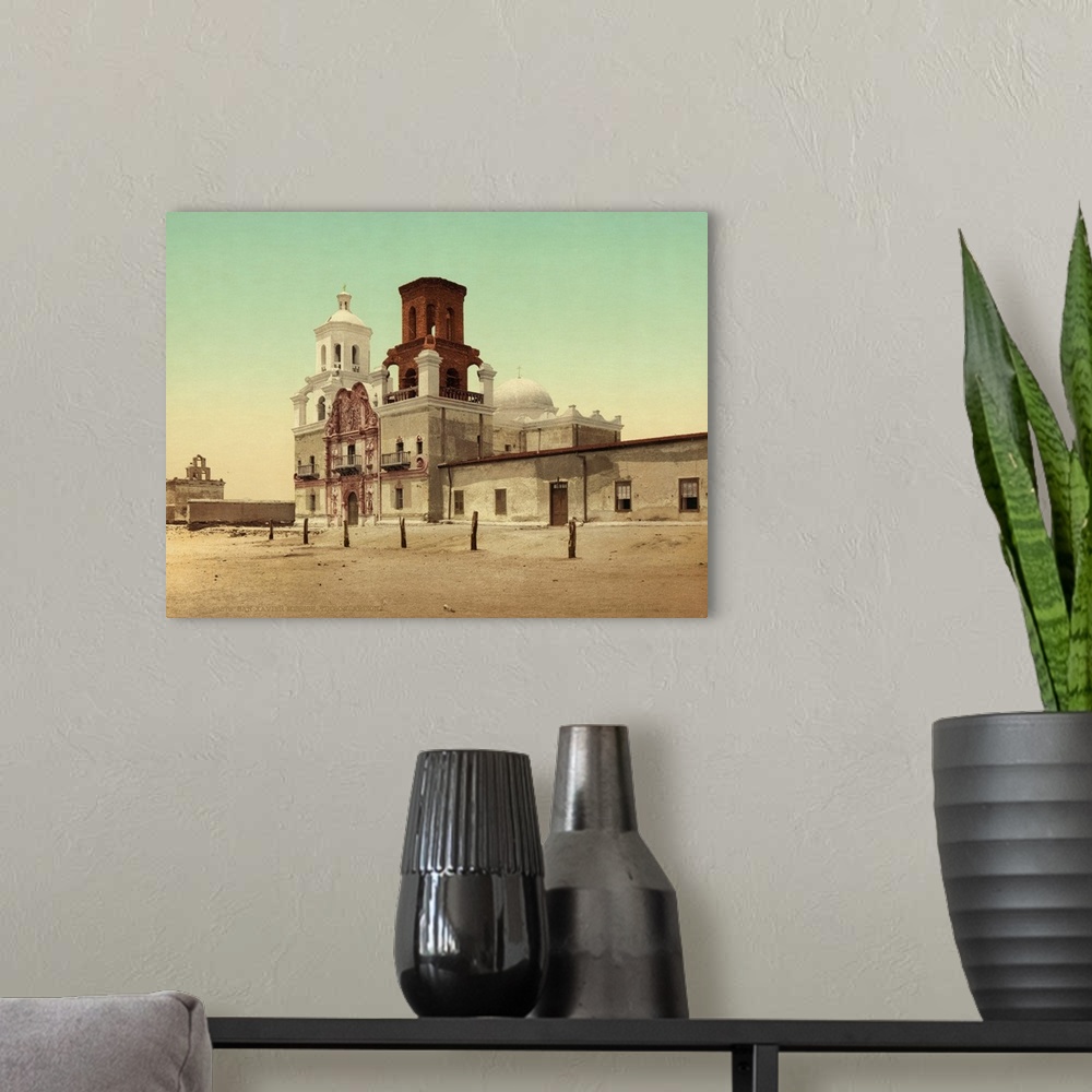 A modern room featuring Hand colored photograph of San Xavier mission, Tucson, Arizona.